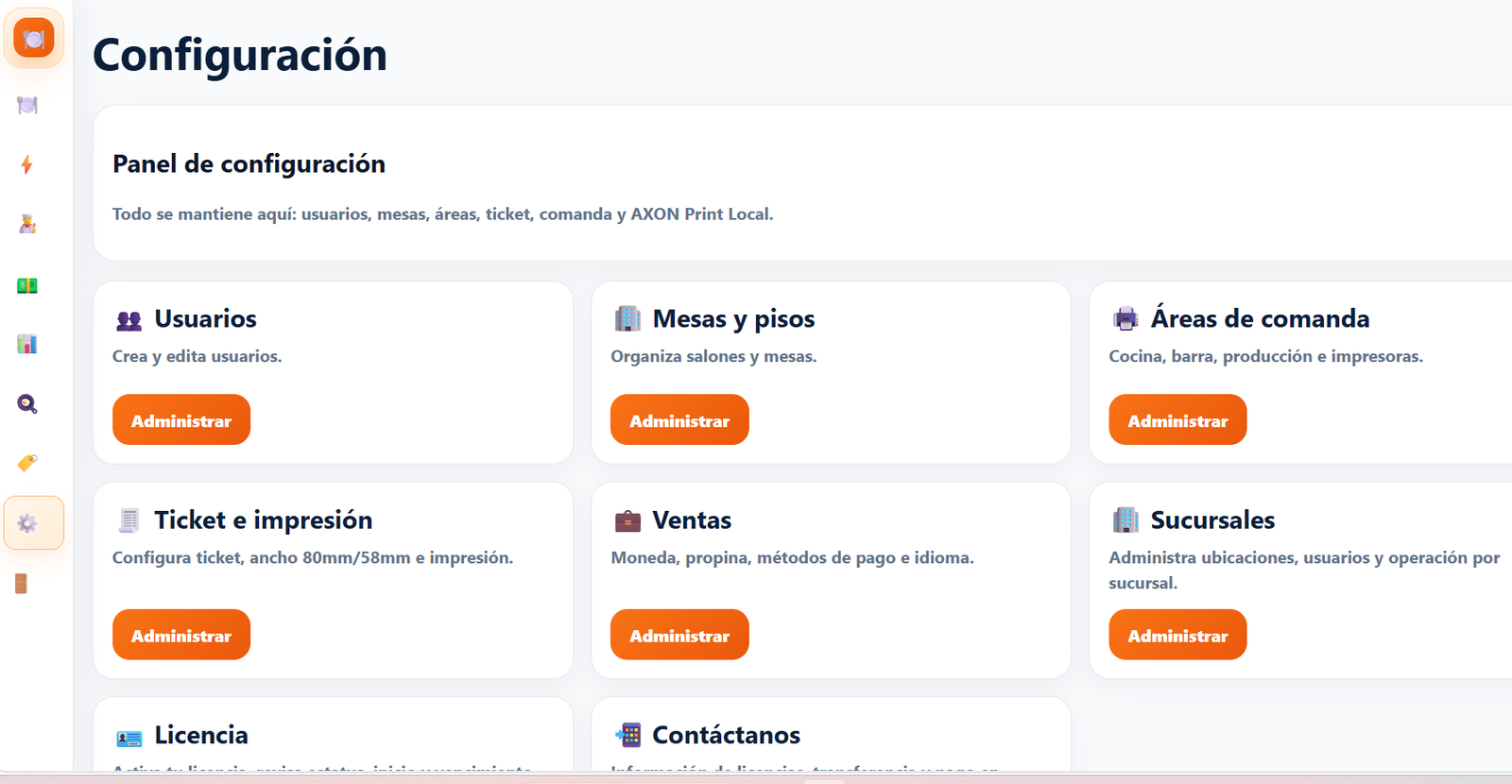 Panel de configuración del sistema Axon Food